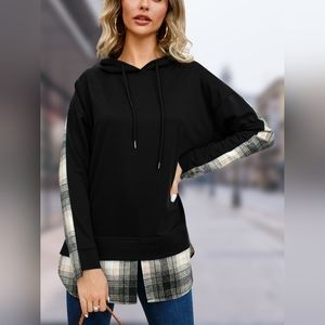 Black Plaid Drawstring Long Sleeve Slit Casual Warm Sweatshirt Hoodie.NWT